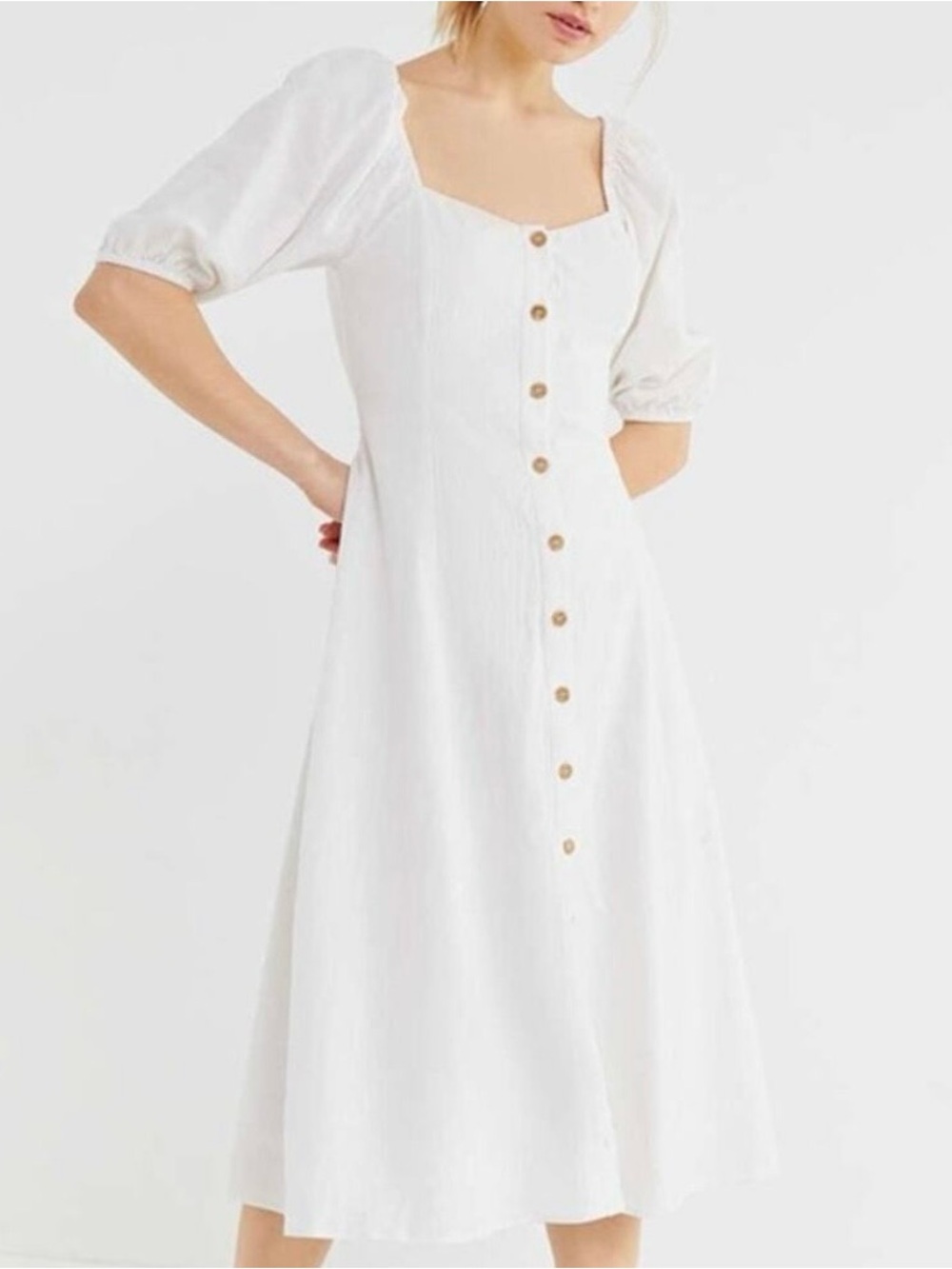 Urban Outfitters Maria White Button-Front Puff Sleeve Midi Dress